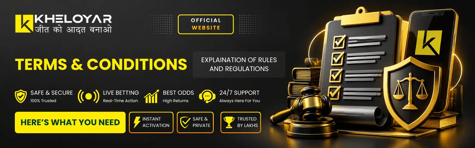 Kheloyar official website terms and conditions banner explaining rules and regulations with legal gavel, checklist clipboard, justice shield, and smartphone