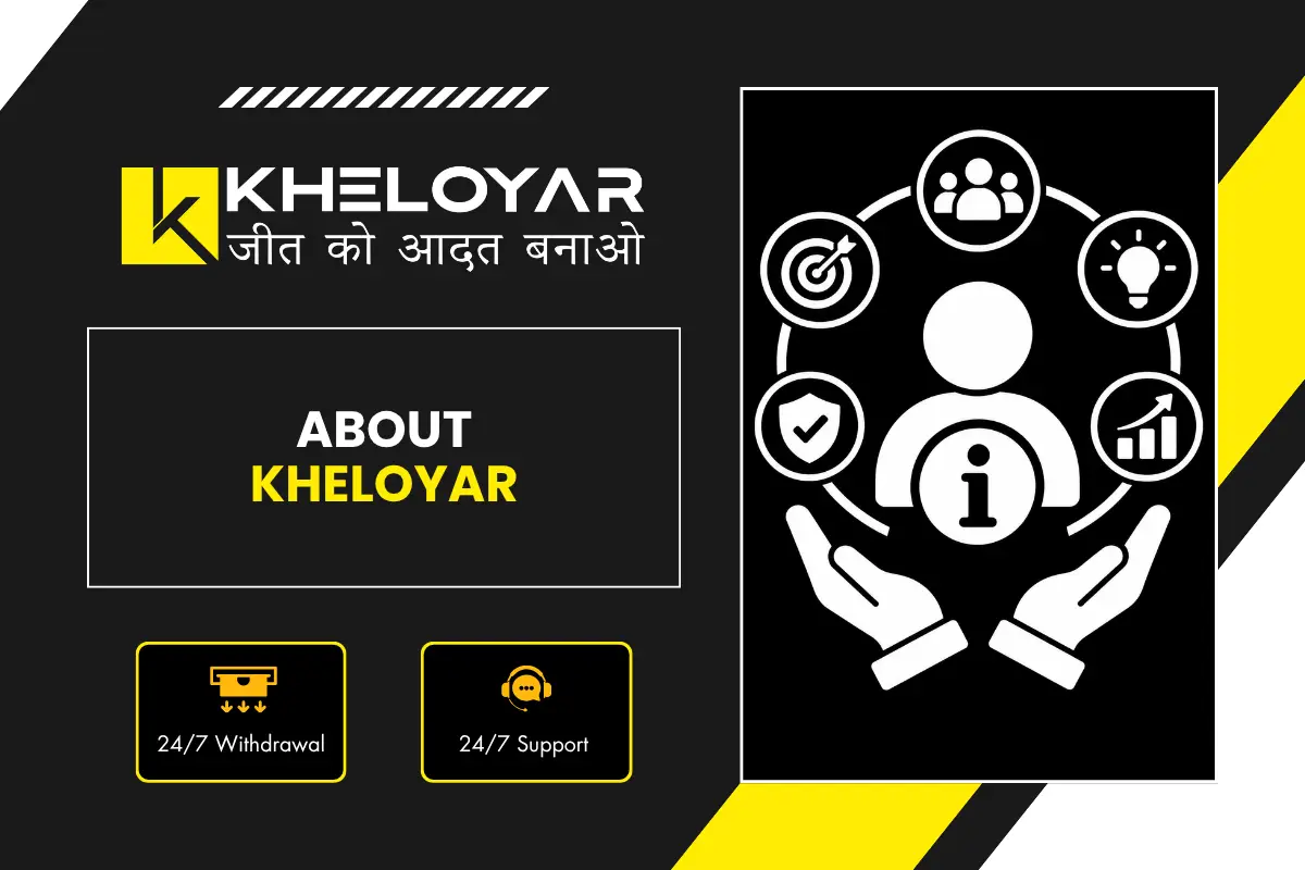 About Kheloyar banner showing platform information with user support, security, growth and teamwork icons and 24/7 services