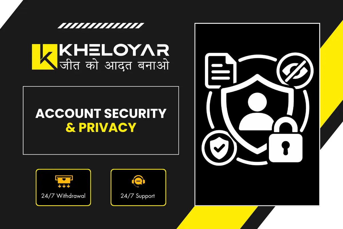 Kheloyar Account Security & Privacy banner with black and yellow design, shield with user icon, lock, documents and privacy icons