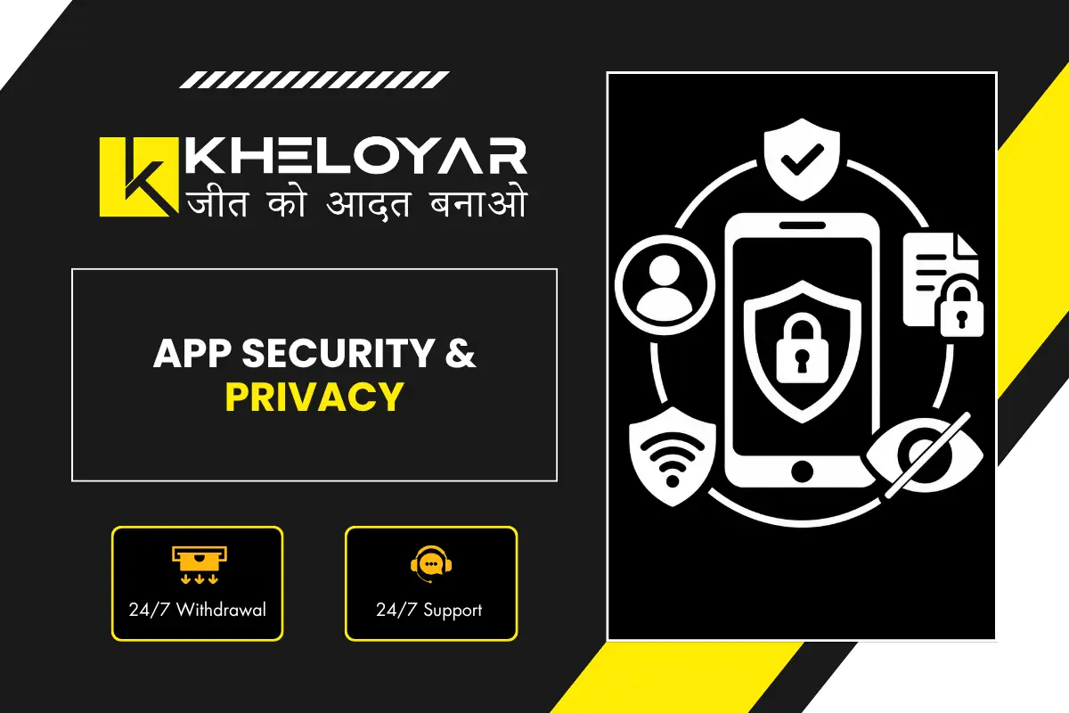 Kheloyar App Security & Privacy banner showing secure smartphone with lock shield and privacy protection icons