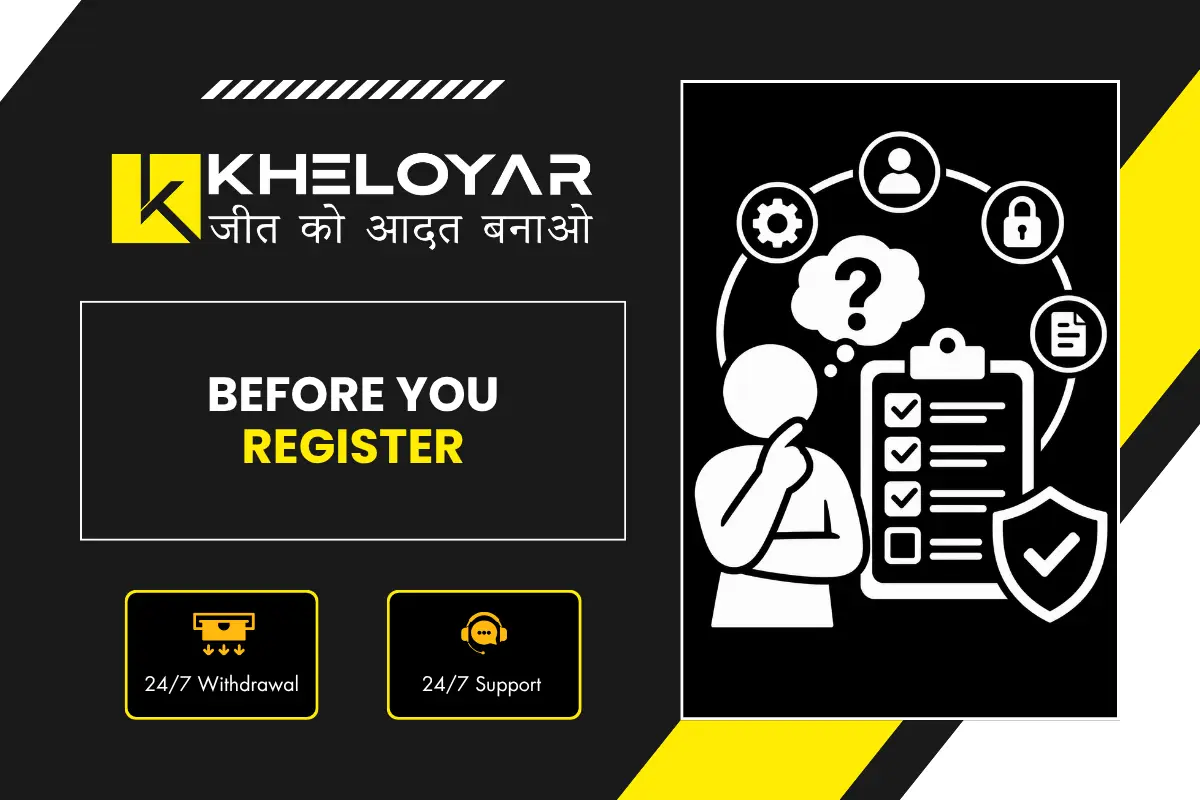 Before you register with Kheloyar banner showing checklist requirements with user thinking, security and verification icons