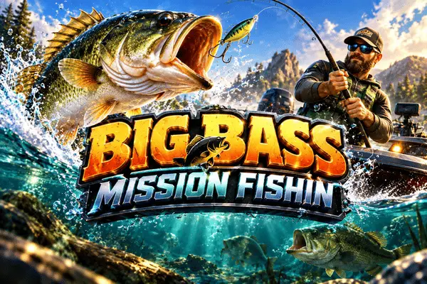 Big Bass Mission Fishin banner with giant largemouth bass jumping from water biting lure while bearded fisherman in cap reels in from boat