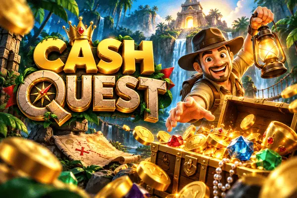Cash Quest treasure hunting banner with cheerful explorer holding lantern over open chest overflowing with gold coins, gems and jewels on jungle island with waterfall and temple