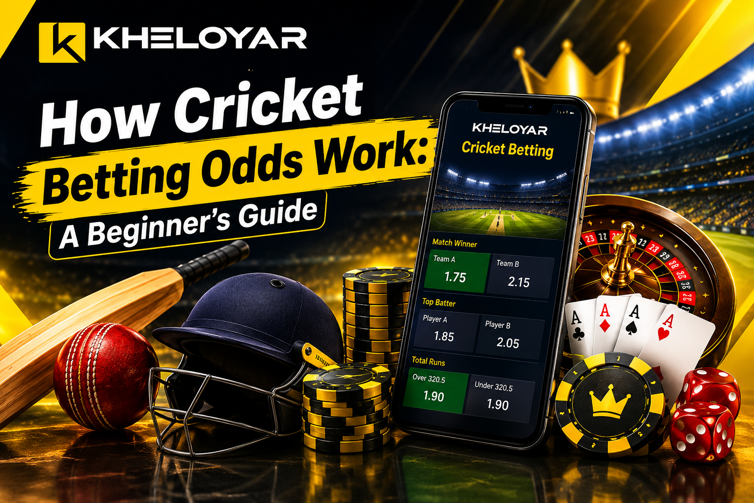 Cricket betting odds explained for beginners showing Kheloyar Cricket Betting markets like match winner and top batter on mobile