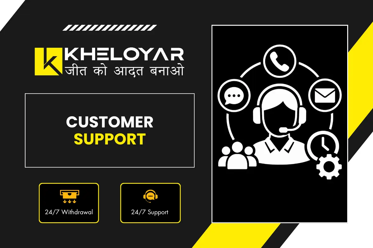 Kheloyar Customer Support banner showing support agent with headset surrounded by phone, chat, email, clock, community and settings icons with 24/7 withdrawal