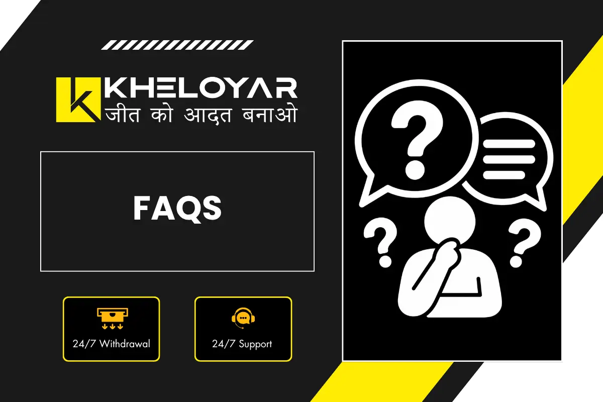 Kheloyar FAQs banner showing person thinking with question marks and FAQ chat bubbles