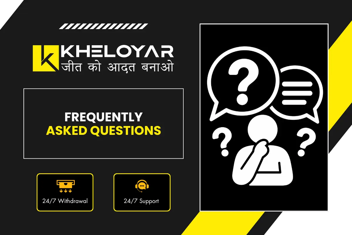 Kheloyar Frequently Asked Questions banner with FAQ support icons and 24/7 withdrawal and support badges