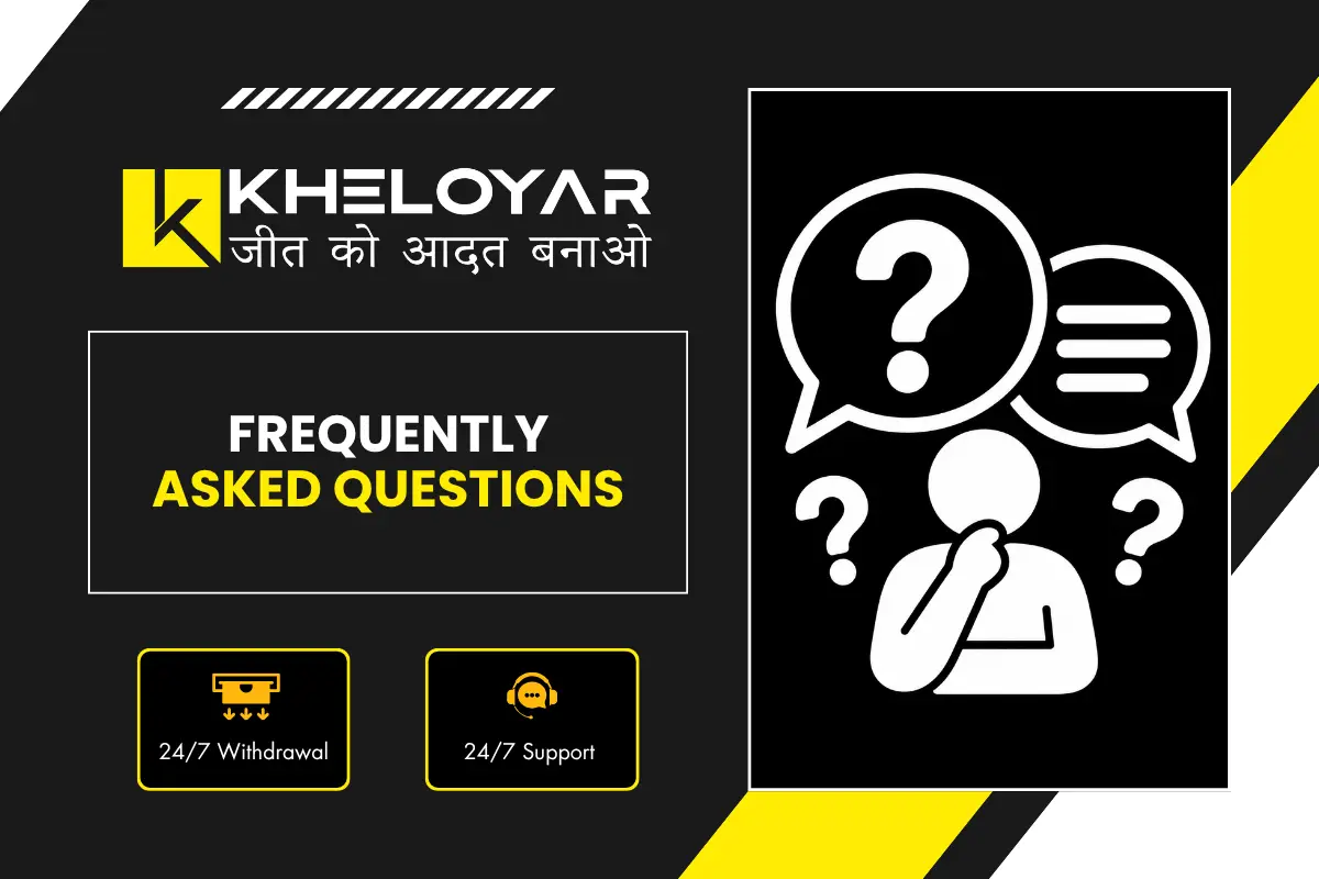Kheloyar Frequently Asked Questions banner showing confused person with question marks and speech bubbles with 24/7 withdrawal and support