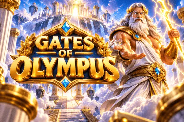 Gates of Olympus slot banner with Zeus holding lightning bolt beside golden logo with blue gems, ancient Greek temple on clouds background