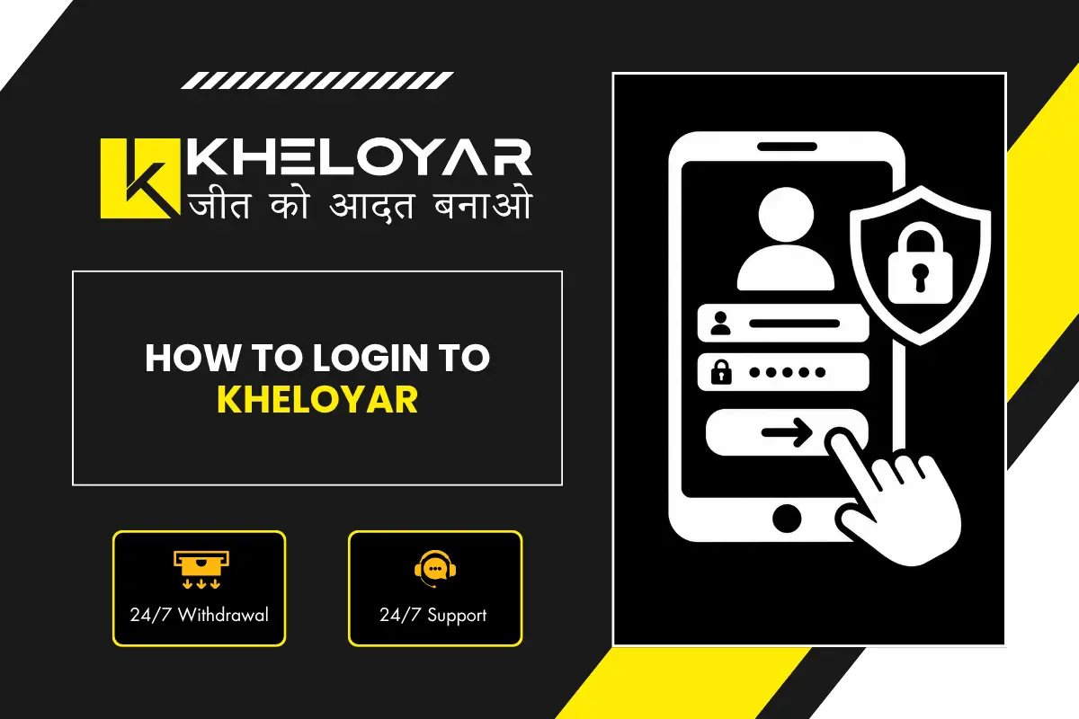 Kheloyar How To Login banner with black and yellow design, smartphone showing login form with user, password, arrow button and secure shield icon