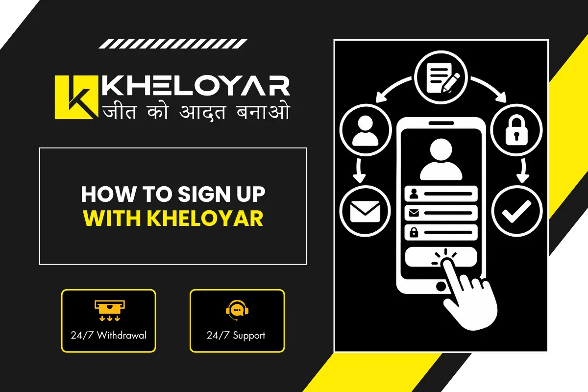 How to sign up with Kheloyar banner showing step-by-step mobile registration process with user, email, lock and verification icons