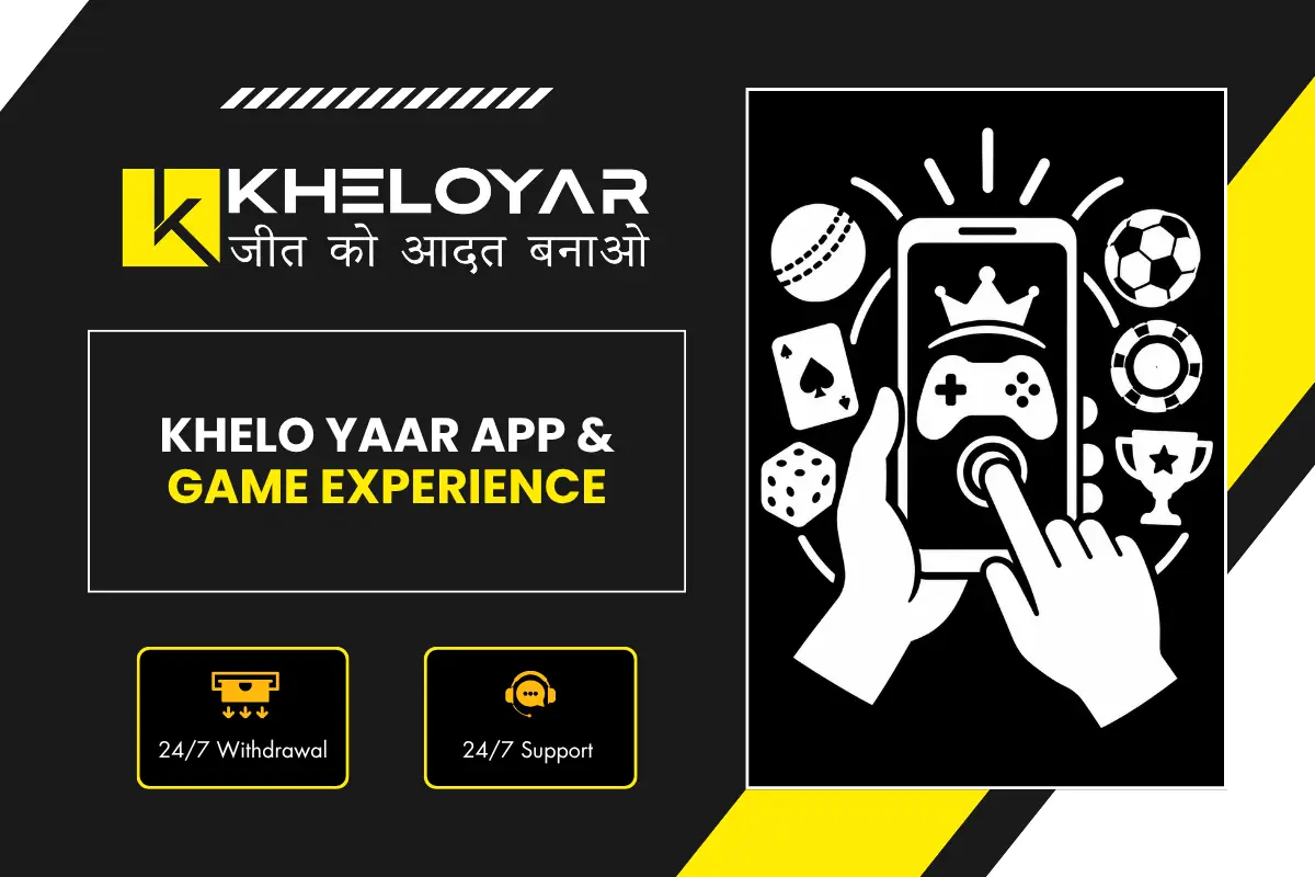 Khelo Yaar App and Game Experience banner showing smartphone with gaming controller, crown, cricket ball, football, poker chip, dice and trophy icons