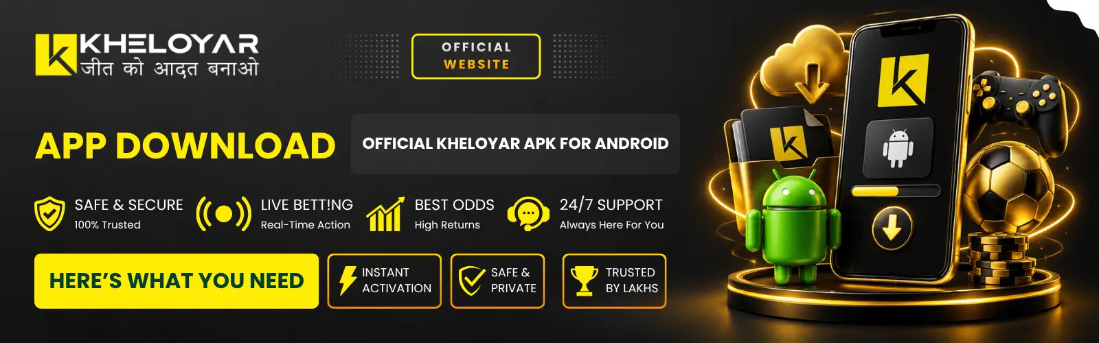 Official Kheloyar APK for Android App Download banner with smartphone, Android mascot, football, game controller and secure download icons