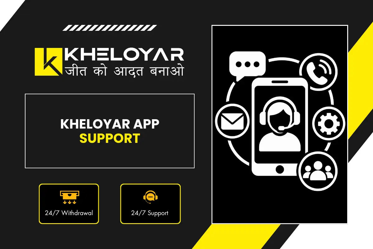 Kheloyar App Support banner showing customer support agent on mobile with chat, phone, email and settings icons