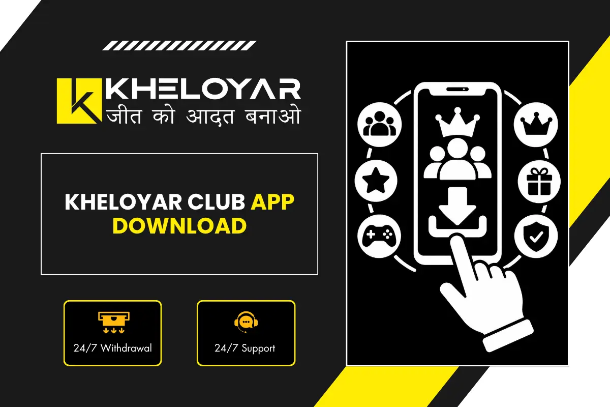 Kheloyar Club App Download banner showing mobile download with club members, crown, gift and gaming icons