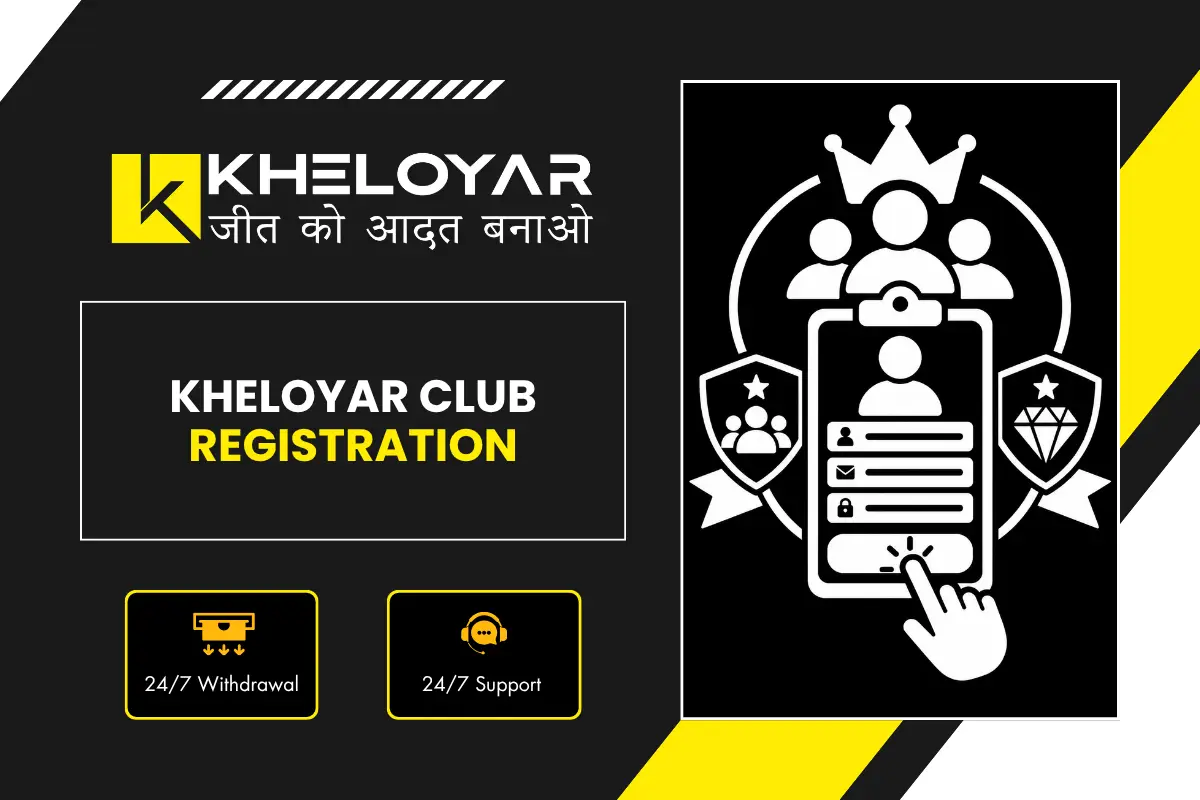 Kheloyar Club Registration banner showing VIP club membership with mobile registration, crown and security shields