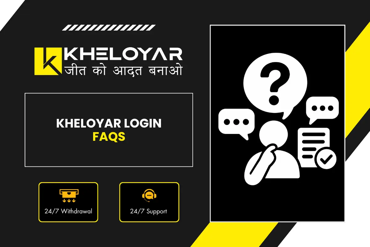 Kheloyar Login FAQs banner with black and yellow design, person thinking with question mark, chat bubbles and FAQ document with checkmark