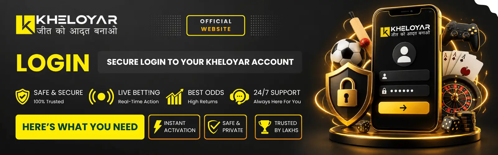Kheloyar Login banner showing secure login screen on mobile phone with football, cricket bat, cards, roulette and shield lock icon with safe secure features