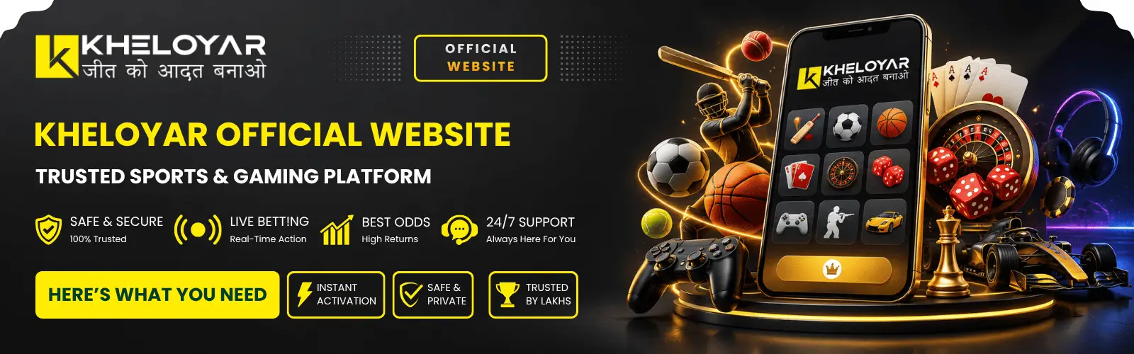 Kheloyar Official Website banner showing trusted sports and gaming platform with mobile app displaying betting icons, cricket player, football, dice, cards, roulette and gaming controller