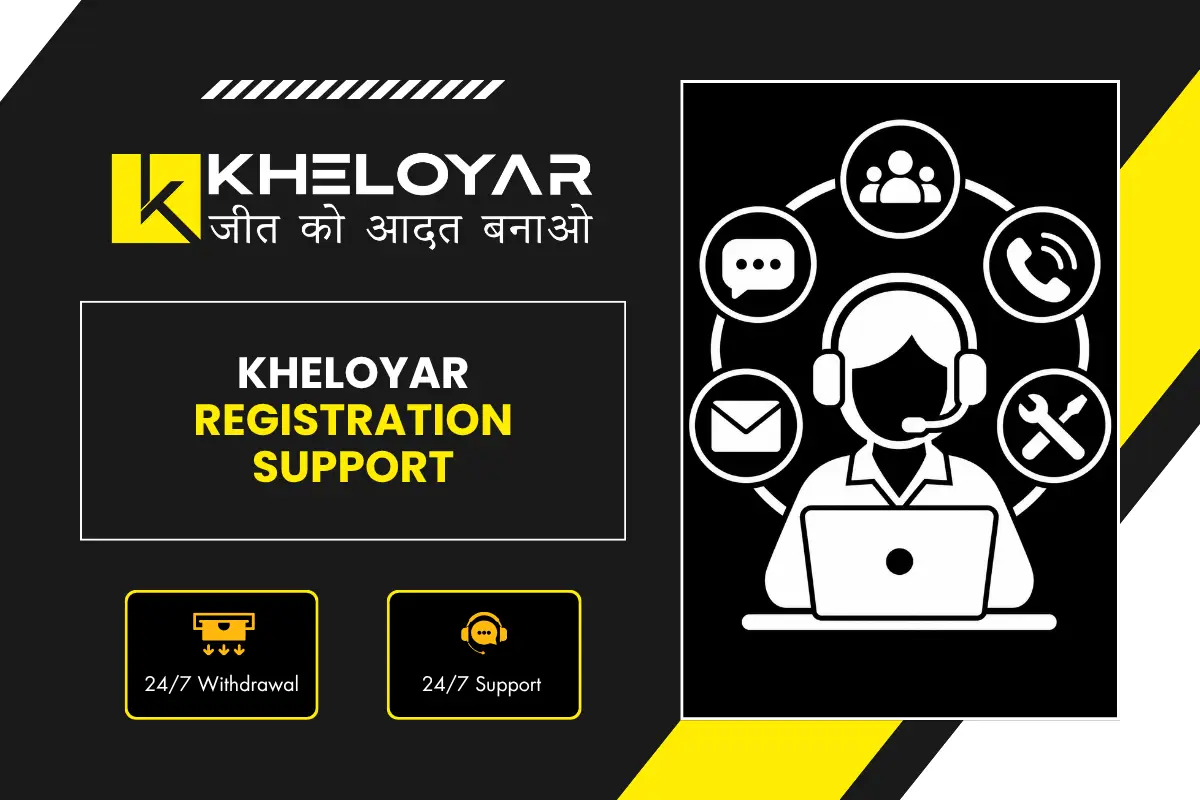 Kheloyar registration support banner showing customer support agent with contact icons for help and assistance