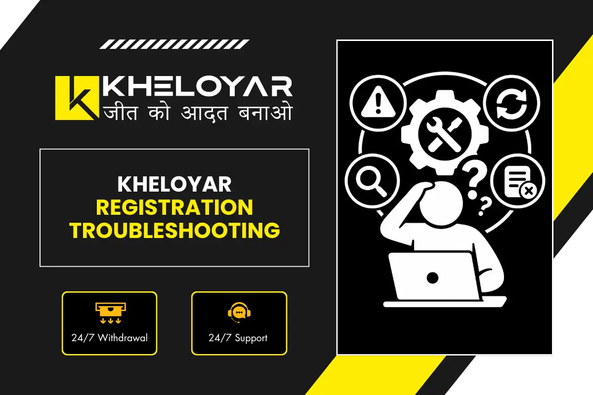 Kheloyar registration troubleshooting banner showing user with laptop fixing issues with support and error icons