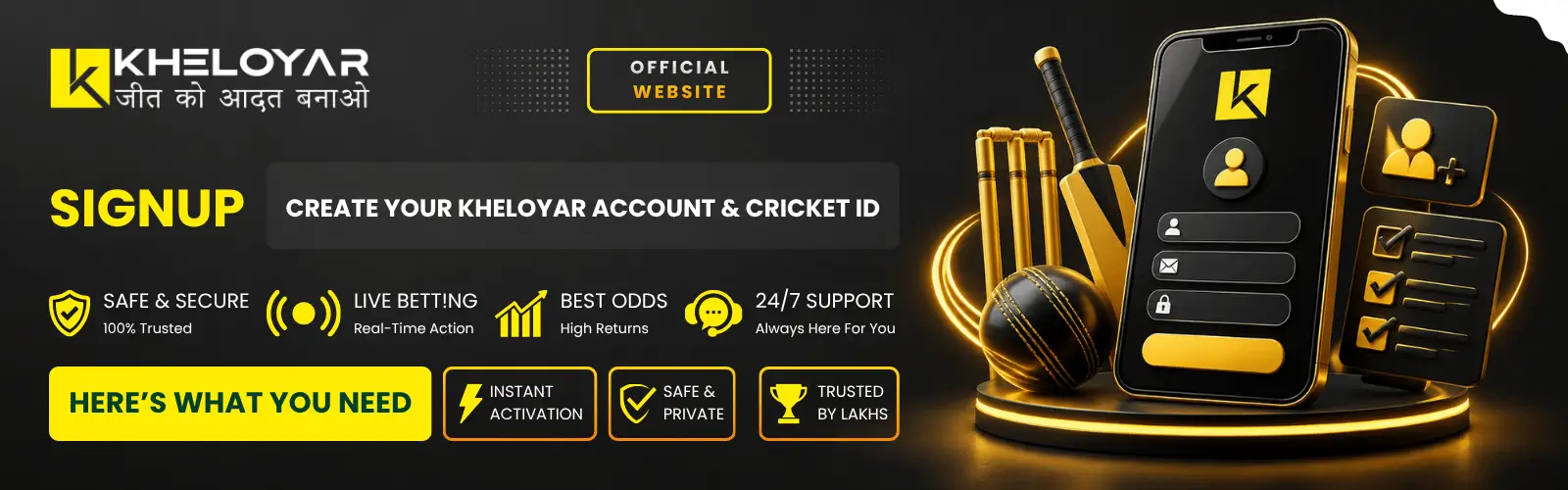Kheloyar signup banner to create account and cricket ID with safe secure live betting, best odds, and 24/7 support