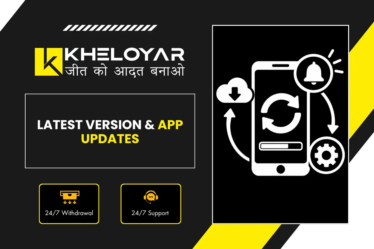 Latest version and app updates banner showing Kheloyar mobile update with cloud download, refresh, notification and settings icons