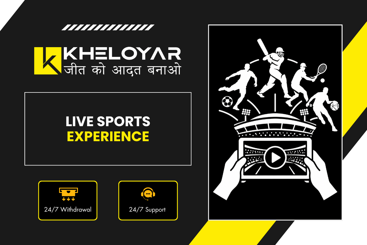 Kheloyar live sports experience banner showing cricket, football, tennis and basketball players over stadium with live streaming on mobile and 24/7 withdrawal support