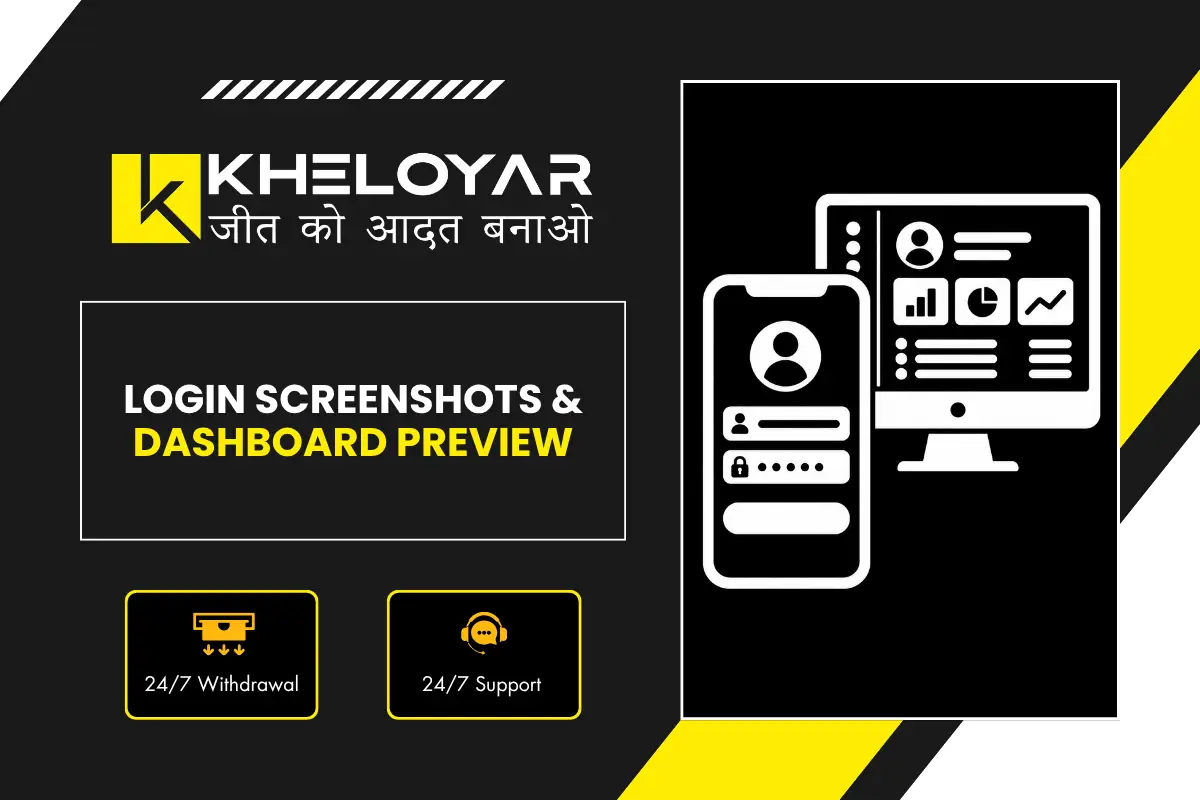 Kheloyar Login Screenshots & Dashboard Preview banner with black and yellow design, smartphone login screen and desktop dashboard with user stats and charts