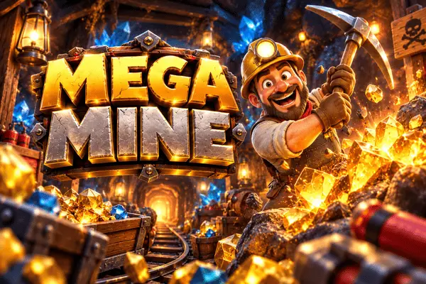 Mega Mine slot banner with cheerful miner holding pickaxe over piles of gold nuggets and blue gems inside glowing gold mine with cart tracks