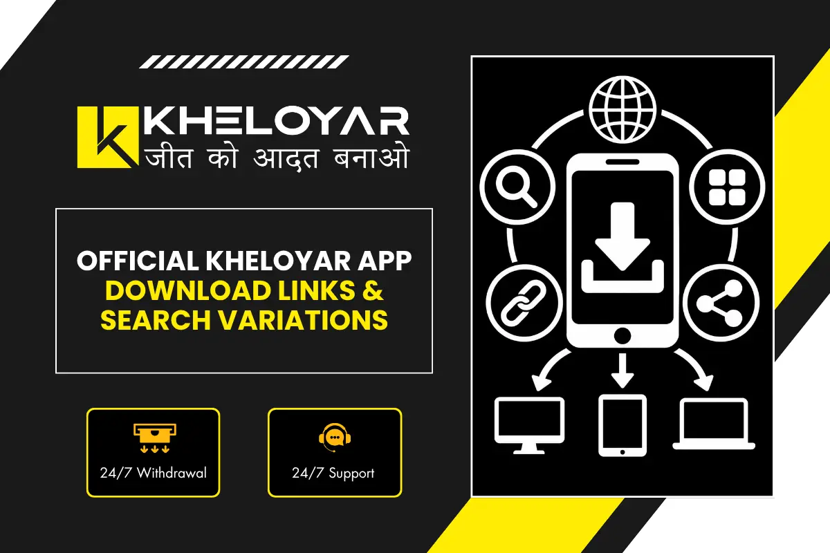 Official Kheloyar App download links and search variations banner showing mobile download with multi-device compatibility and search icons