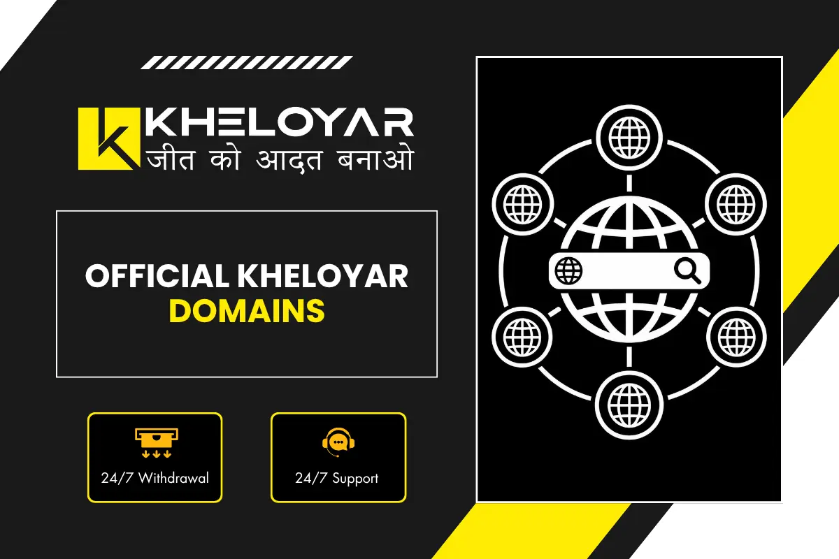 Official Kheloyar domains banner showing global web search with globe and connected domain icons highlighting official website with 24/7 withdrawal and support