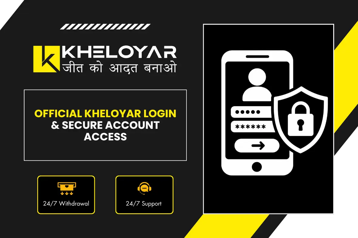 Kheloyar Official Login & Secure Account Access banner with black and yellow design, smartphone login form with shield and lock icon