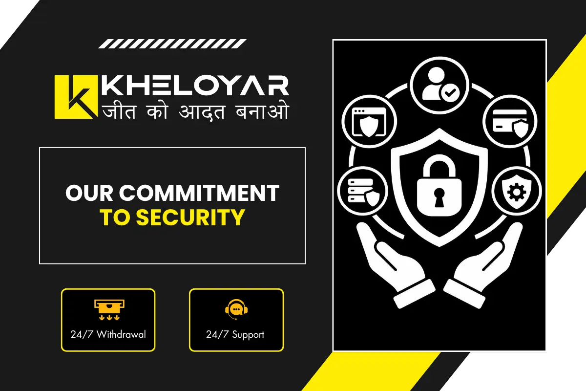 Our commitment to security at Kheloyar showing secure shield, lock, data protection and payment security icons