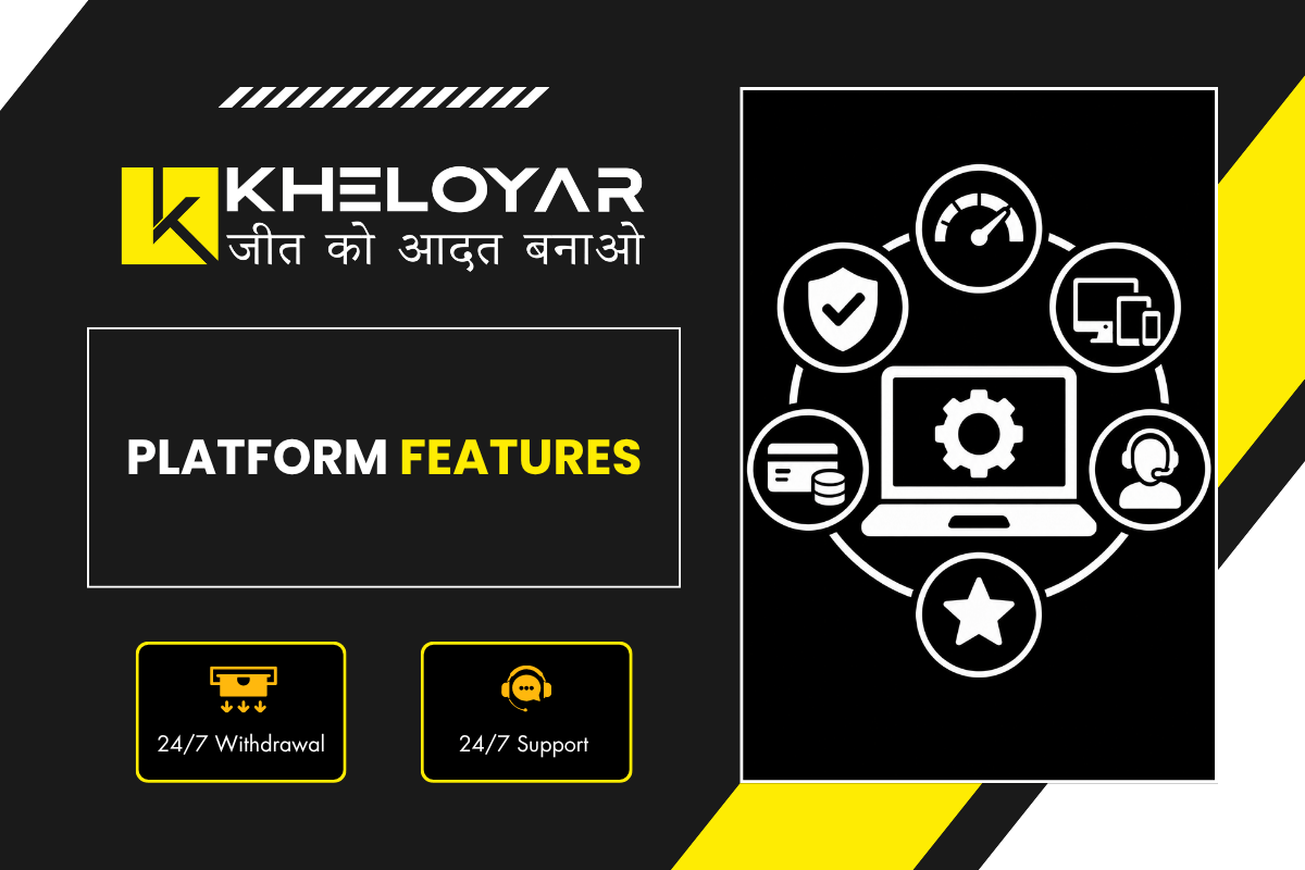Kheloyar platform features banner showing laptop with settings gear, security shield, speedometer, multi-device support, payment cards, customer support and star rating with 24/7 withdrawal