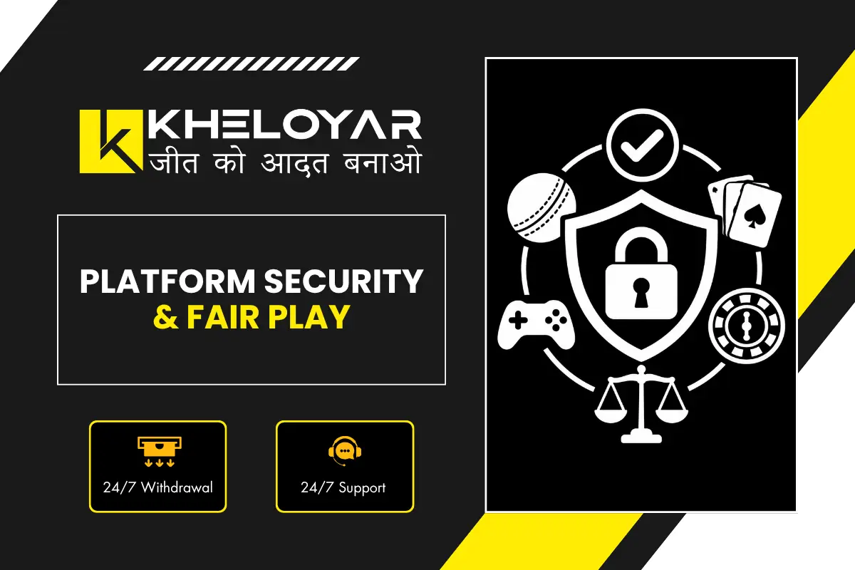 Kheloyar platform security and fair play banner showing secure shield with lock, cricket, poker cards, casino chip, gaming controller, justice scale and 24/7 withdrawal support