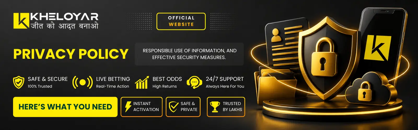 Kheloyaar Privacy banner showing secure shield with lock icon, smartphone, and data protection features like safe and secure betting, best odds, live betting, and 24/7 support