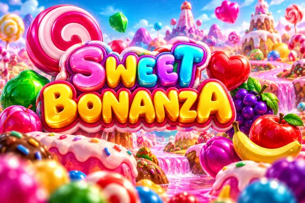 Sweet Bonanza slot banner with colorful 3D candy text surrounded by lollipops, fruits, chocolates and pink candy castle with frosting rivers
