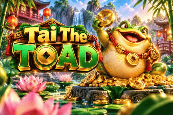 Tai The Toad slot game banner with lucky smiling money toad holding gold coin surrounded by gold coins, lotus flowers and Asian temple with waterfall