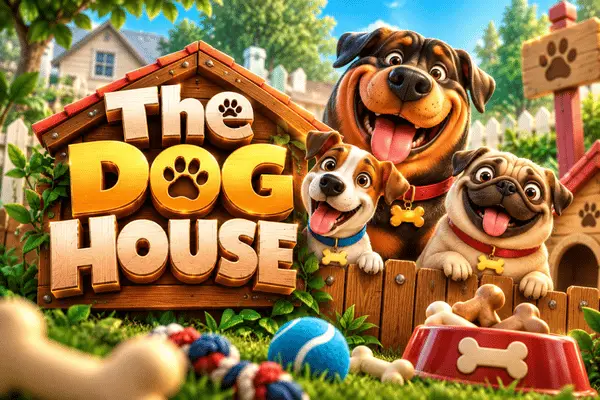 The Dog House slot game banner with three happy cartoon dogs - Rottweiler, Beagle and Pug - over wooden doghouse sign with bones and toys