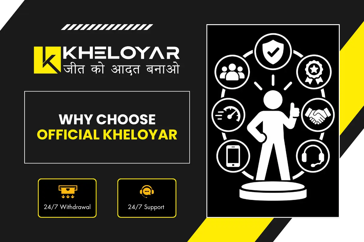 Why choose Official Kheloyar infographic showing benefits like trusted platform, fast service, 24/7 withdrawal and support