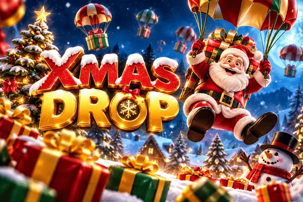 Golden 3D Xmas Drop text with snow on letters, Santa Claus parachuting with gifts over snowy Christmas village with tree and snowman