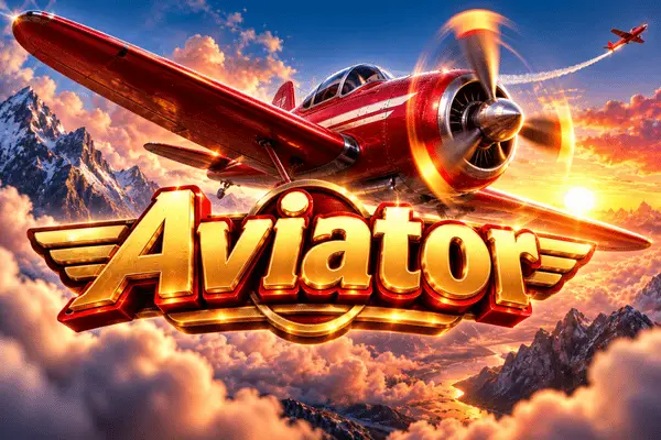 Golden 3D Aviator text with wings and red vintage propeller airplane flying above clouds at sunset over snowy mountains