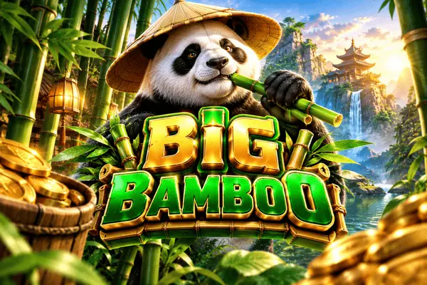 Big Bamboo slot banner with cute panda wearing bamboo hat chewing bamboo over green and gold logo with bamboo forest, pagoda and waterfall