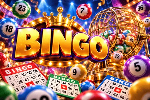 Golden 3D BINGO text with crown, surrounded by colorful bingo balls numbered 23 18 7 36 5, bingo cards and golden lottery cage