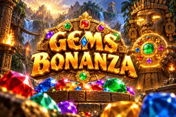 Golden 3D Gems Bonanza text with colorful gems and ancient Mayan temple background with stone tiki head and jeweled wheel