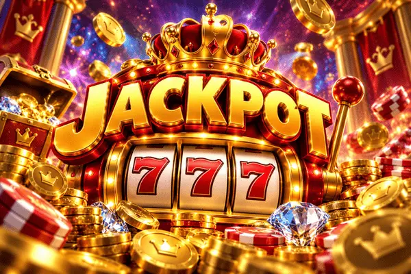 Golden 3D Jackpot text with crown on top of slot machine showing 777 surrounded by flying gold coins, diamonds, treasure chests and poker chips