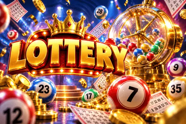 Golden 3D Lottery text with crown surrounded by colorful lottery balls numbered 7 12 23 35 9, gold coins, lottery tickets and glass lottery machine