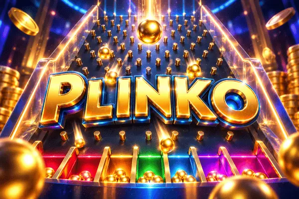Golden 3D Plinko text over plinko board with golden balls dropping over pegs into colorful prize slots and flying gold coins