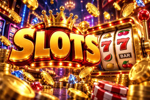 Golden 3D Slots text with crown on top surrounded by slot machine showing 777, flying gold coins, diamonds, poker chips and casino lights